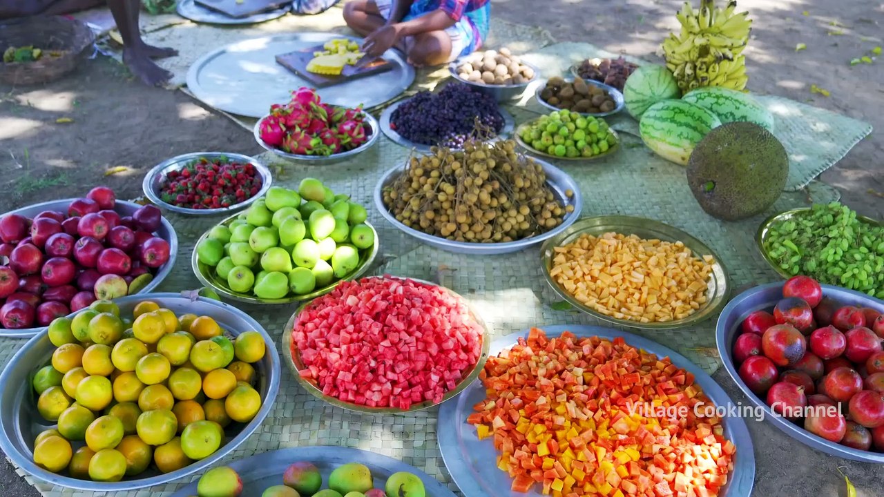 FRUIT SALAD _ Colourful Healthy Fruits mixed salad recipe _ Fruits Cutting and Eating in Village