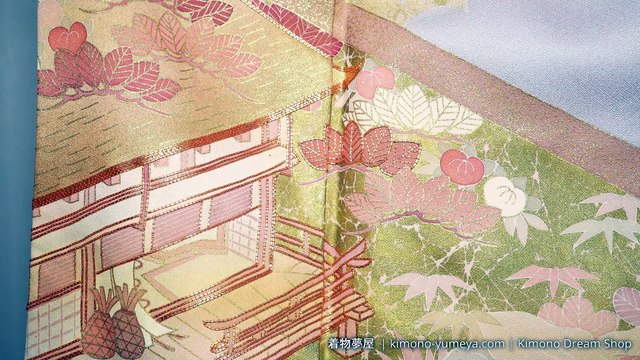 Light Purple Pink & Gold Autumn Irotomesode Soft Smooth Rinzu Silk with Plum Blossoms, Bridges, Rivers, Kaede, Water Ripples, Matsu - Kimono For Women