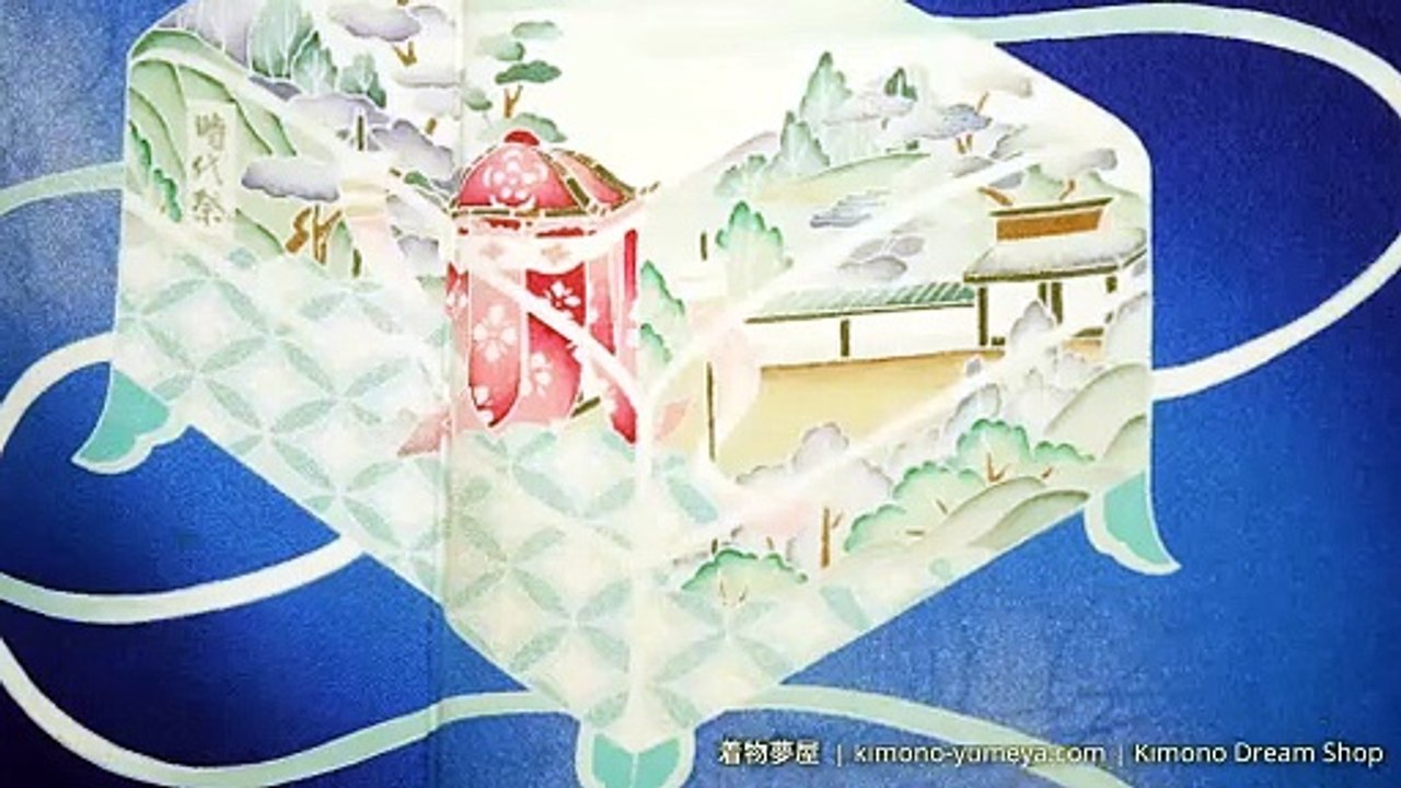 Blue & White Soft Smooth Rinzu Silk Tsukesage - Ancient Scenery, Kikkou, Goshoguruma in Traditional Letter Box - Hako Bun Yamato Brand Women's Kimono