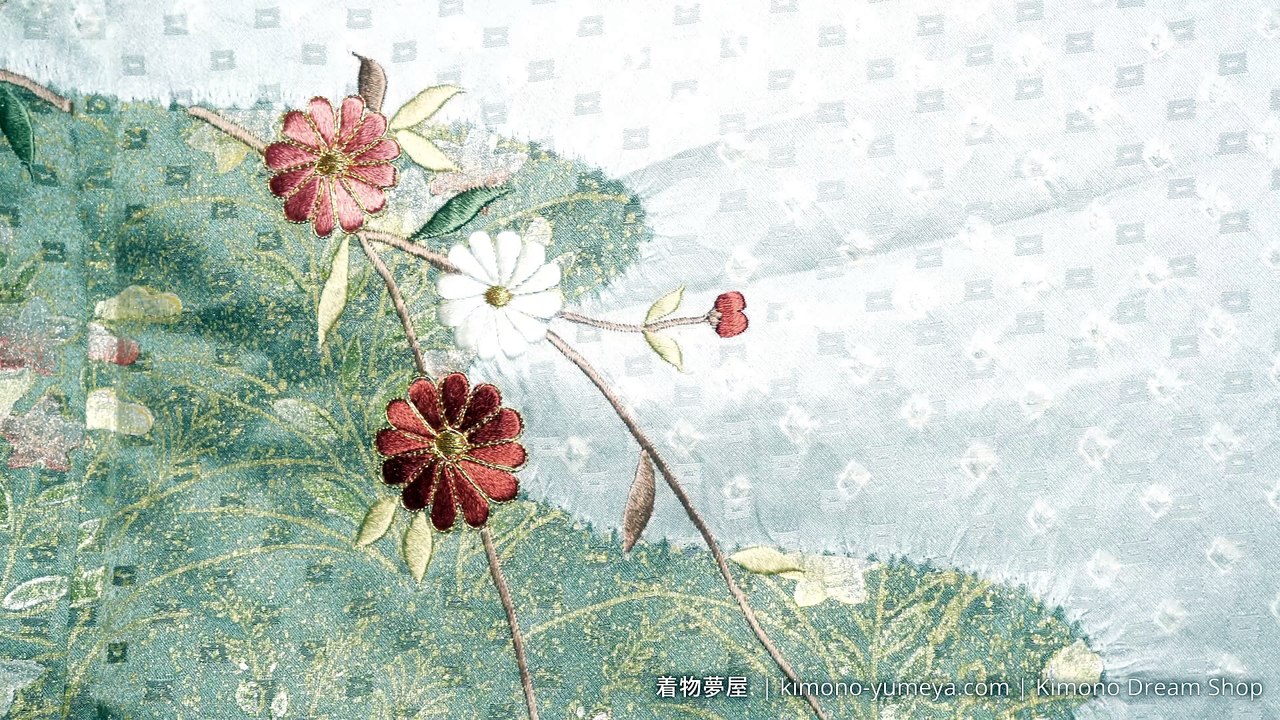 Vintage Silver Houmongi - Soft High Quality Silk with Chrysanthemums, Chinese Bellflowers, Matsu - Shibori Kanoko & Weaving Pattern - Kimono For Women