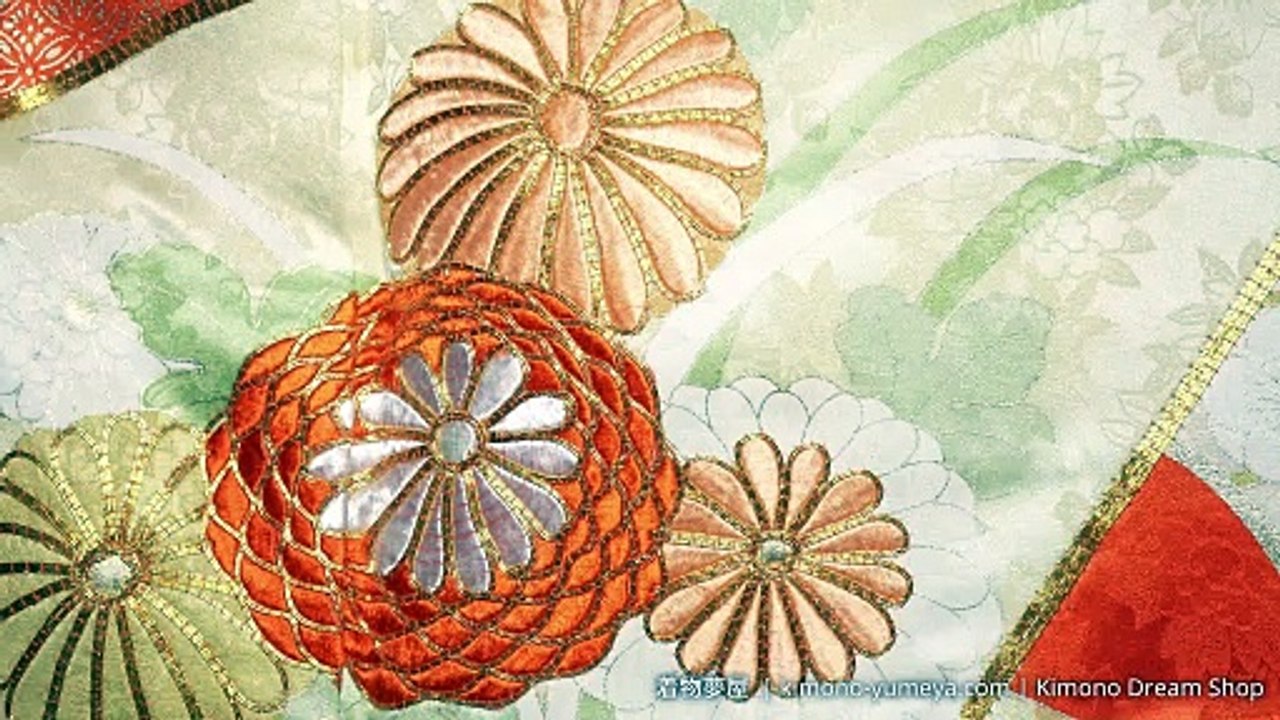 Vintage Orange Gold Furisode with Chrysanthemums, Tortoise Shells, Shippou, Seigaiha, Fog, Folding Fans - Soft High Quality Rinzu Silk Women's Kimono