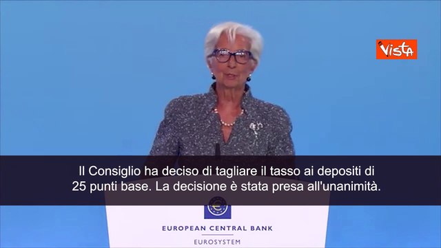 Lagarde (Bce): Taglio tassi di 0,25%. Decisione presa all'unanimit?