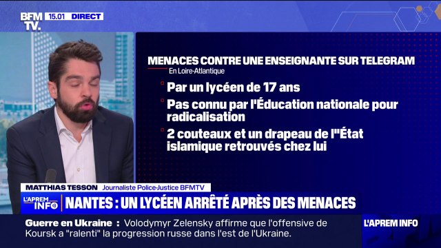 Loire-Atlantique: un lycéen arrêté après avoir menacé de mort son enseignante, à Rezé
