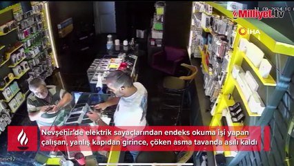 Yanlış kapıdan girdi, çöken tavanda asılı kaldı