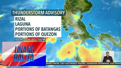 Video herunterladen: Thunderstorm advisory, nakataas sa ilang bahagi ng CALABARZON  - Weather update today as of 7:26 a.m. (July 2, 2024) | Unang Balita