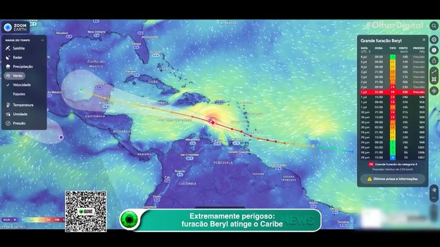 Extremamente perigoso furacão Beryl atinge o Caribe