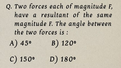 Two forces each of magnitude F, have a resultant of the same magnitude F. The angle between the two forces is