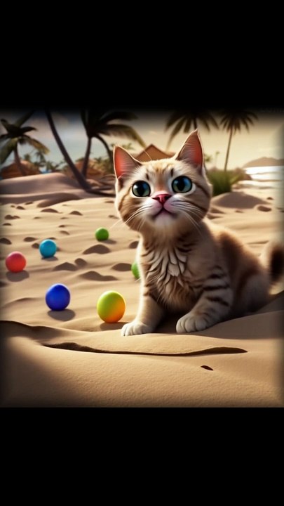  Cute cat enjoys playing with sand and balls #cute #funny #catlovers #cartoon
