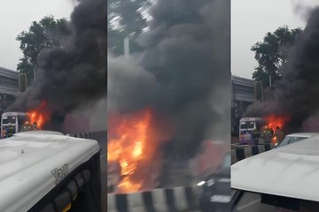 Video: लखनऊ में CNG बस में लगी आग, यात्री कूद कर भागे, सड़क पर लंबा जाम