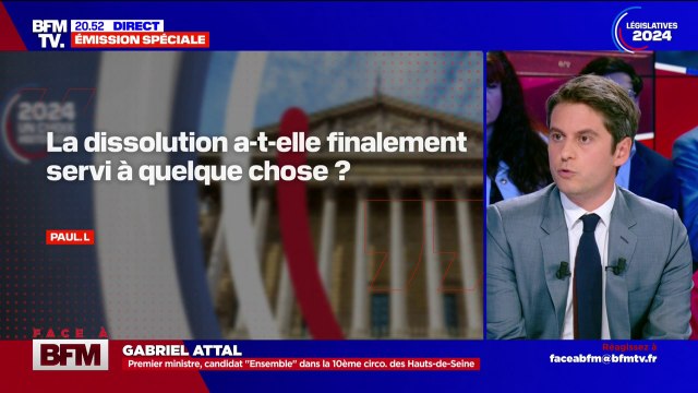 Gabriel Attal sur la pertinence de la dissolution: Je ne regarde pas dans le rétroviseur (...) Je me bats pour éviter que l'extrême droite dispose d'une majorité absolue