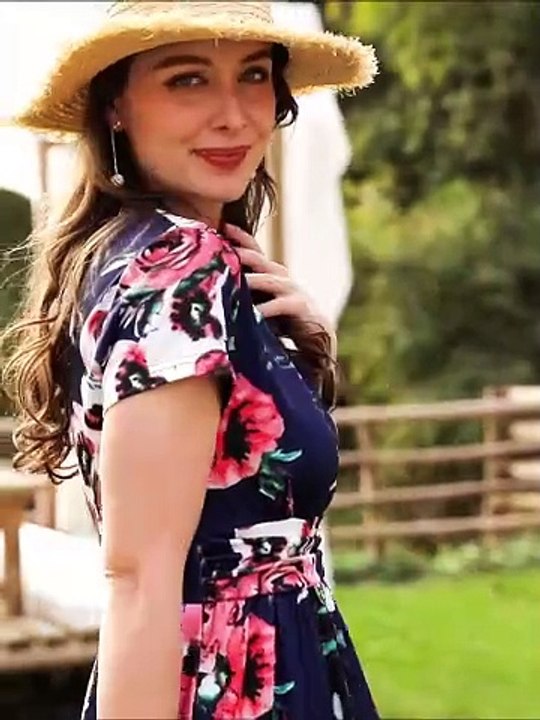 OUGES Women's Summer Short Sleeve V-Neck Floral Short Party Dress with Pockets