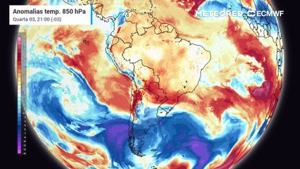 Previsão de anomalia de temperaturas em 850 hPa até sábado (06).