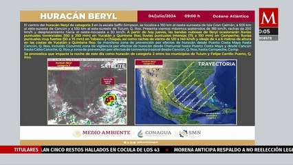 Huracán 'Beryl' se degrada a categoría 2 a 455 kilómetros de Tulum