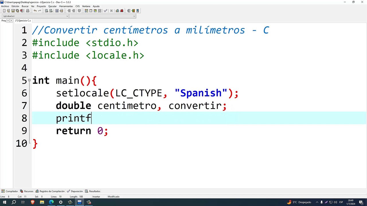 Convertir centímetros a milímetros en C