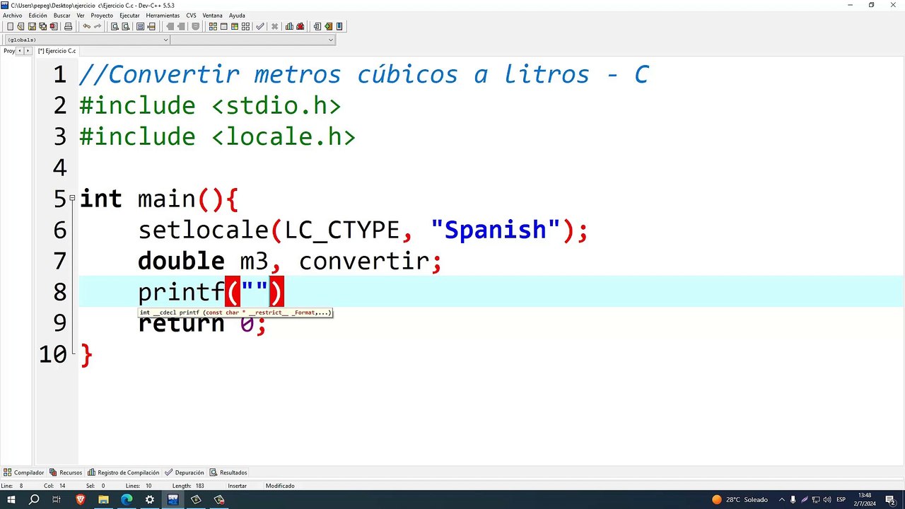 Convertir metros cúbicos a litros en C