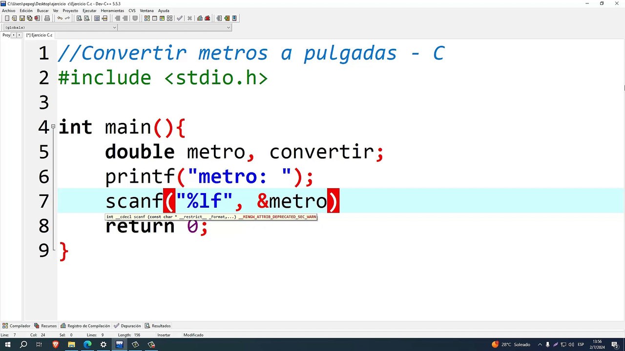Convertir metros a pulgadas en C