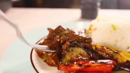 Citrus beef stir fry with grilled peppers