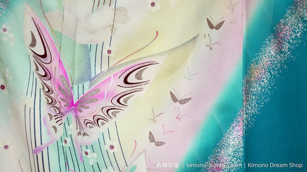 Light Blue & Pink Furisode with Butterflies & Waves - Retro 1980s Design - Soft Tone - Formal Silk Vintage Women's Kimono Hand Painted