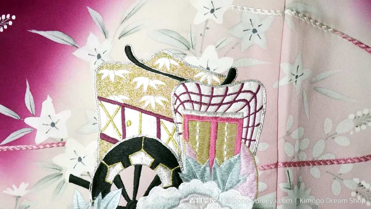 Travelling Carts with Flowers Silk Purple & Pink Furisode - Vintage Japanese Women's Kimono with Long Sleeves - Embroidered Peonies & Plum Blossoms