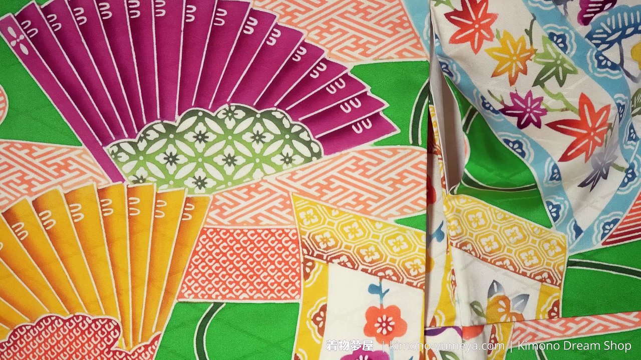 Vibrant Green & Yellow Furisode with Flowers on Folding Fans & Scrolls - Sayagata & Kanoko in Fog - Umezakura, Tachibana, Matsu, Botan, Kiku