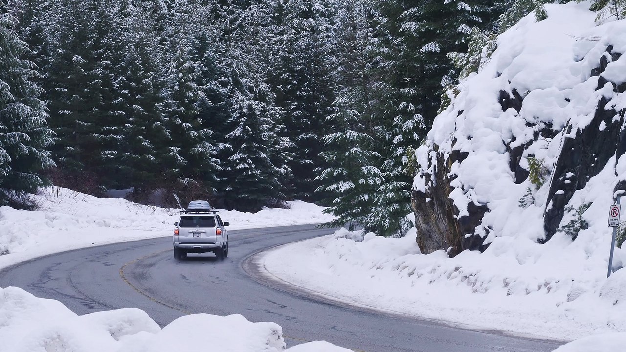 Curve on a snowy forest road