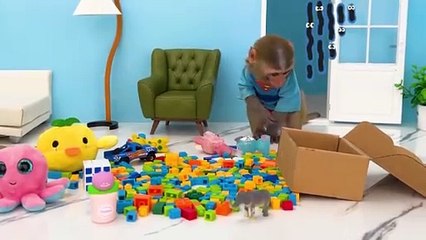 Monkey Baby Bon Bon eats m&m chocolate candy with ducklings and clean the toilet