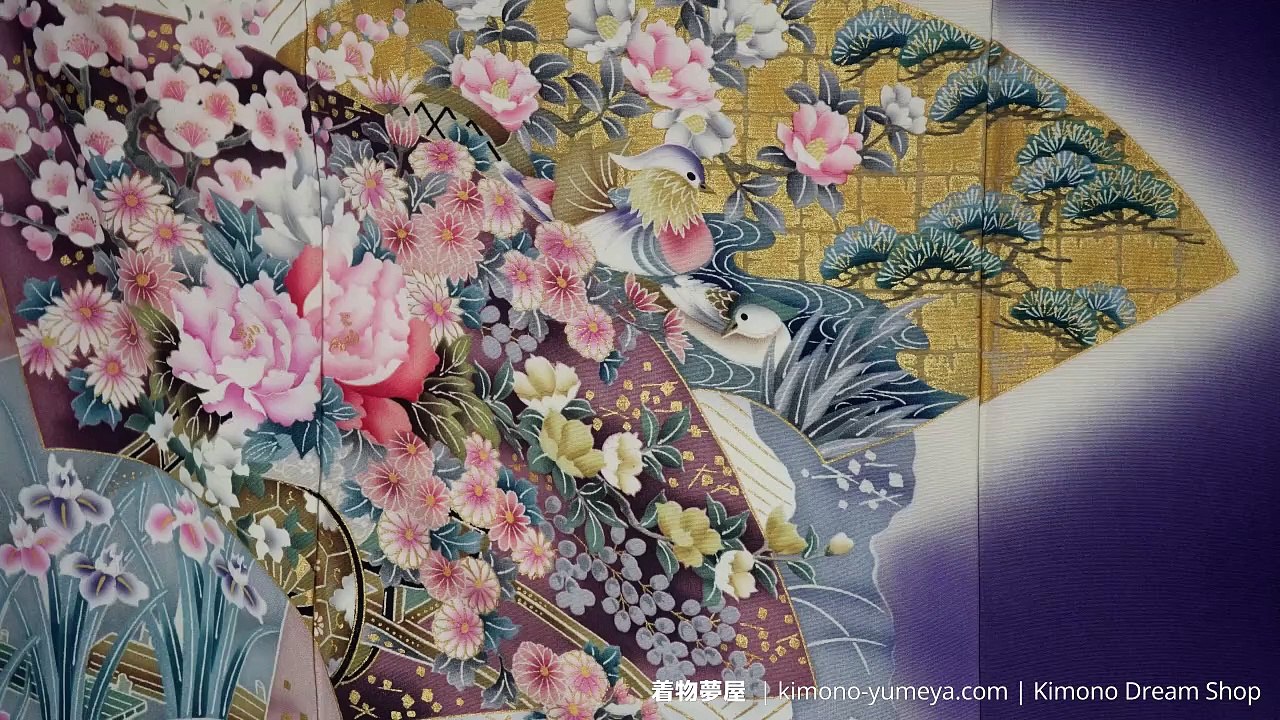 Purple Furisode with Ocean Waves & Folding Fans Motif - Vintage Hand-Painted Chirimen Silk Kimono - Mandarin Ducks, Peonies, Plum Blossoms, Irises