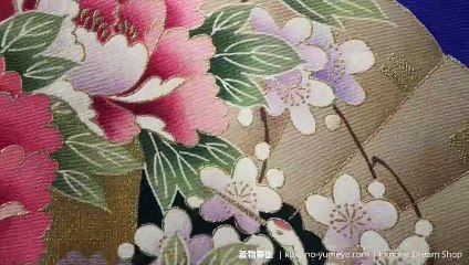 Blue Chirimen Silk Furisode with Cranes Flying Around Flowers & Ribbons - Vintage 1980s Formal Tall Women's Kimono - Matsu, Hiougi, Umezakura, Botan