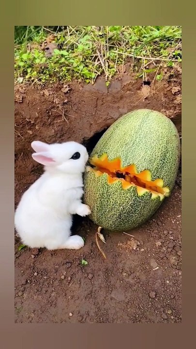 Rabbit eating melon..
