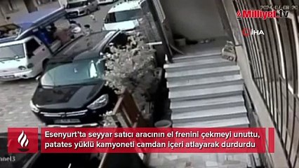 El frenini çekmeyi unuttu, patates yüklü kamyoneti camdan içeri atlayarak durdurdu