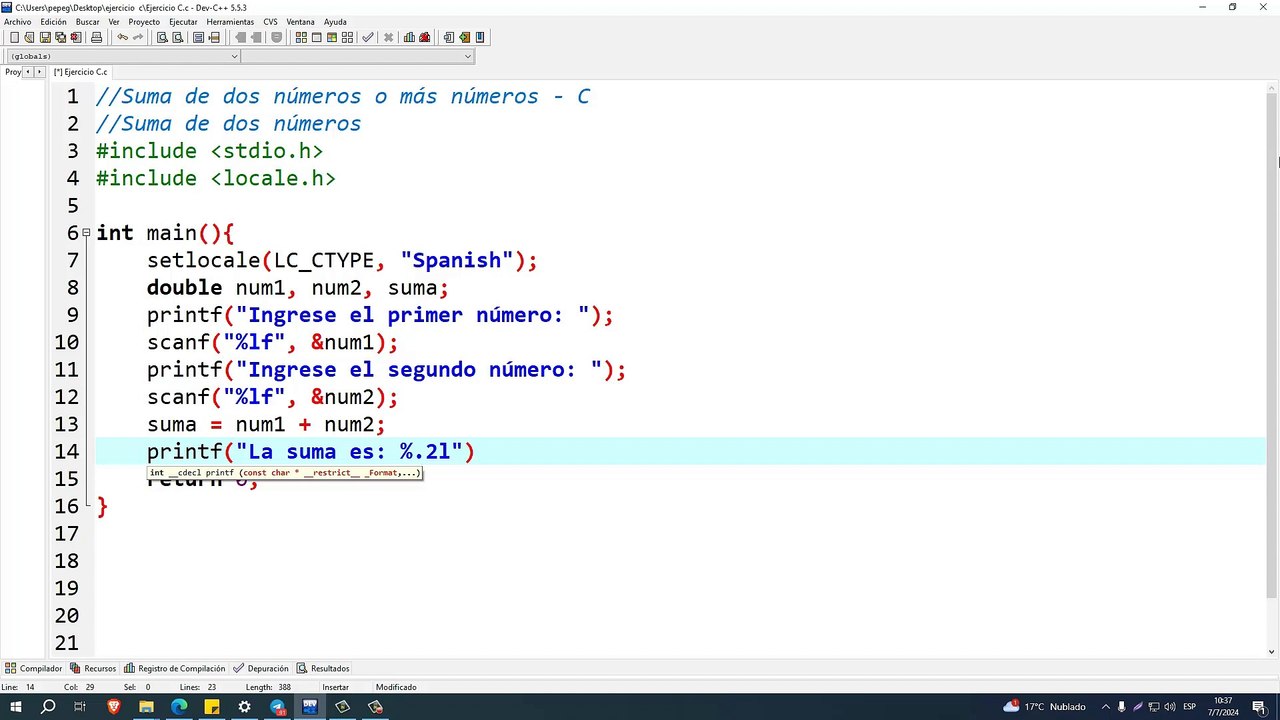 Suma de dos números o más números en C