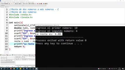 Resta de dos números o más números en C