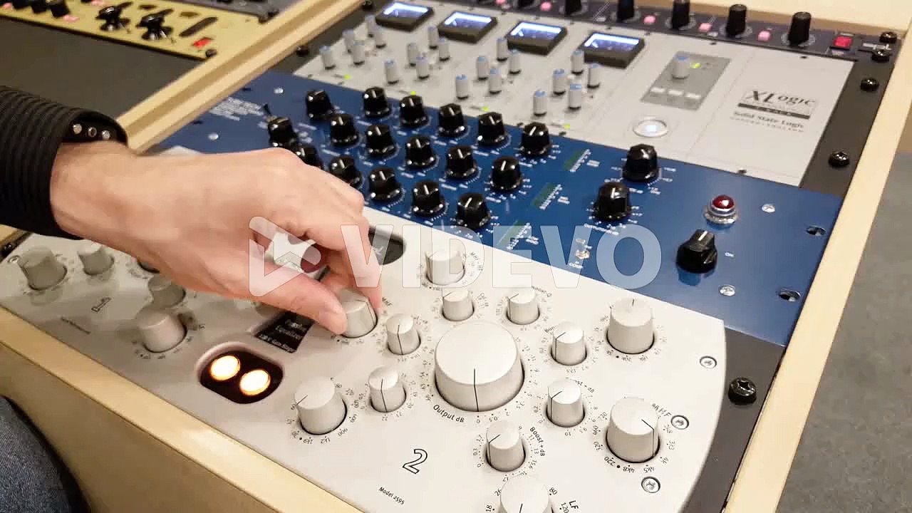 Pofessional audio equipment in audio studio with sound engineer