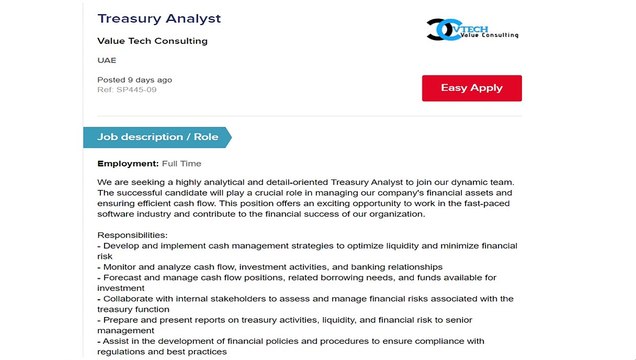 Treasury Analyst Value Tech Consulting UAE salary - 15,000 AED per month - dubai jobs