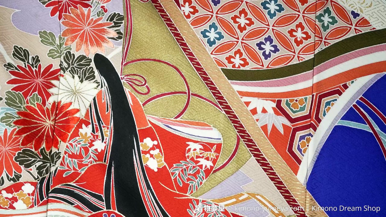 Vibrant Blue & Orange Rinzu Silk Furisode for Women - Floral Traditional Japanese Kimono - Ancient Story of Princess on Scrolls - Kikkou, Shippou