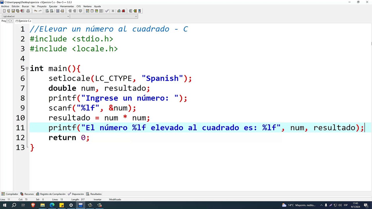 Elevar un número al cuadrado en C