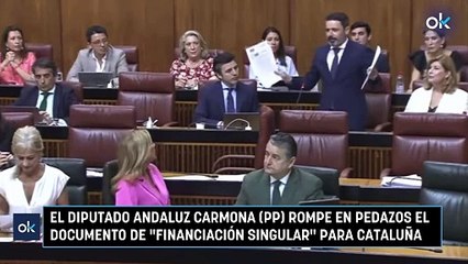 El diputado andaluz Carmona (PP) rompe en pedazos el documento de "Financiación singular" para Cataluña