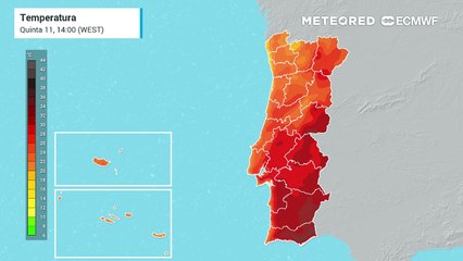 Mapa da temperatura em Portugal continental, no fim da semana.