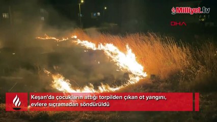 Keşan'da çocukların attığı torpilden çıkan ot yangını, evlere sıçramadan söndürüldü