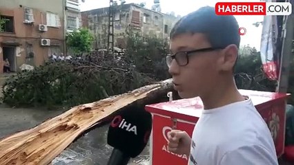 Download Video: Adana'da çocuk fırtınada devrilen ağacın altında kalmaktan son anda böyle kurtuldu