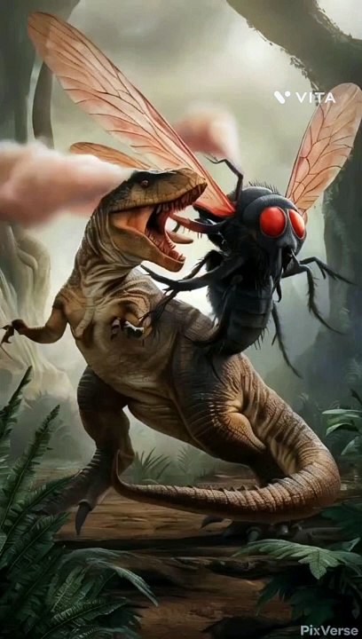 Dinosaur fighting with fly