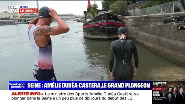 La ministre des Sports et des Jeux Olympiques Amélie Oudéa-Castéra a plongé, ou plutôt glissé, dans la Seine, ce samedi matin.