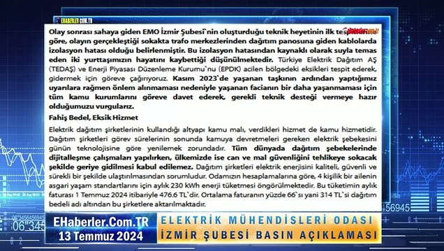 ELEKTRİK MÜHENDİSLERİ ODASI İZMİR ŞUBESİ BASIN AÇIKLAMASI