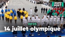 Les images de l’arrivée de la flamme olympique à Paris, en plein défilé du 14 juillet