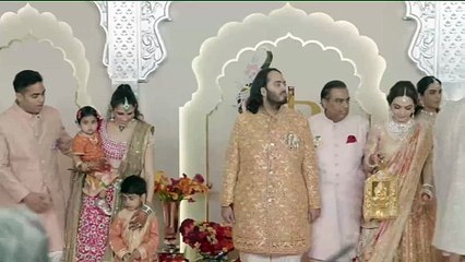 Caption  Joyous parents Shri Mukesh D Ambani and Smt. Nita M Ambani, along with the family, proudly escort the groom, Anant Ambani, to the safaa ceremony, celebrating this special moment with heartfelt joy and excitement.  #ARWeddingCelebrations