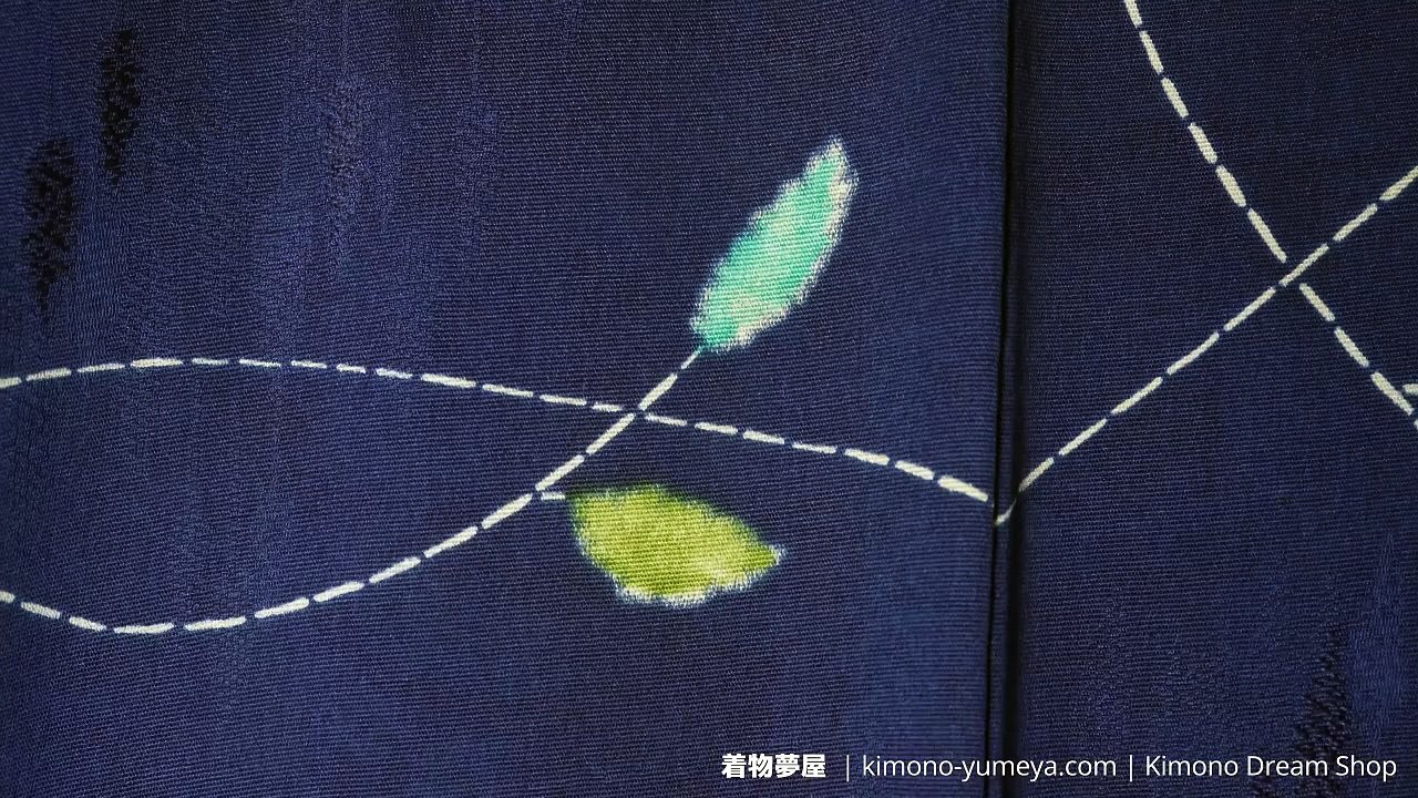 Blue & White Vintage Komon Kimono with Trees, Hand Painted - High Quality Crunchy Rinzu Silk - Leaves - Screen Printed