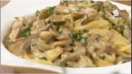 Spaghettis à la crème fraiche et aux champignons