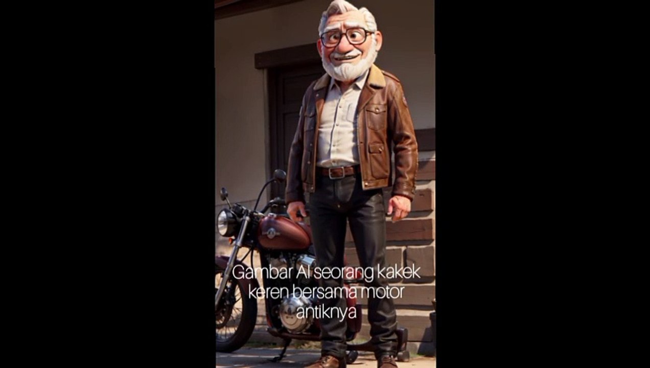 Gambar AI seorang kakek keren bersama motor antiknya