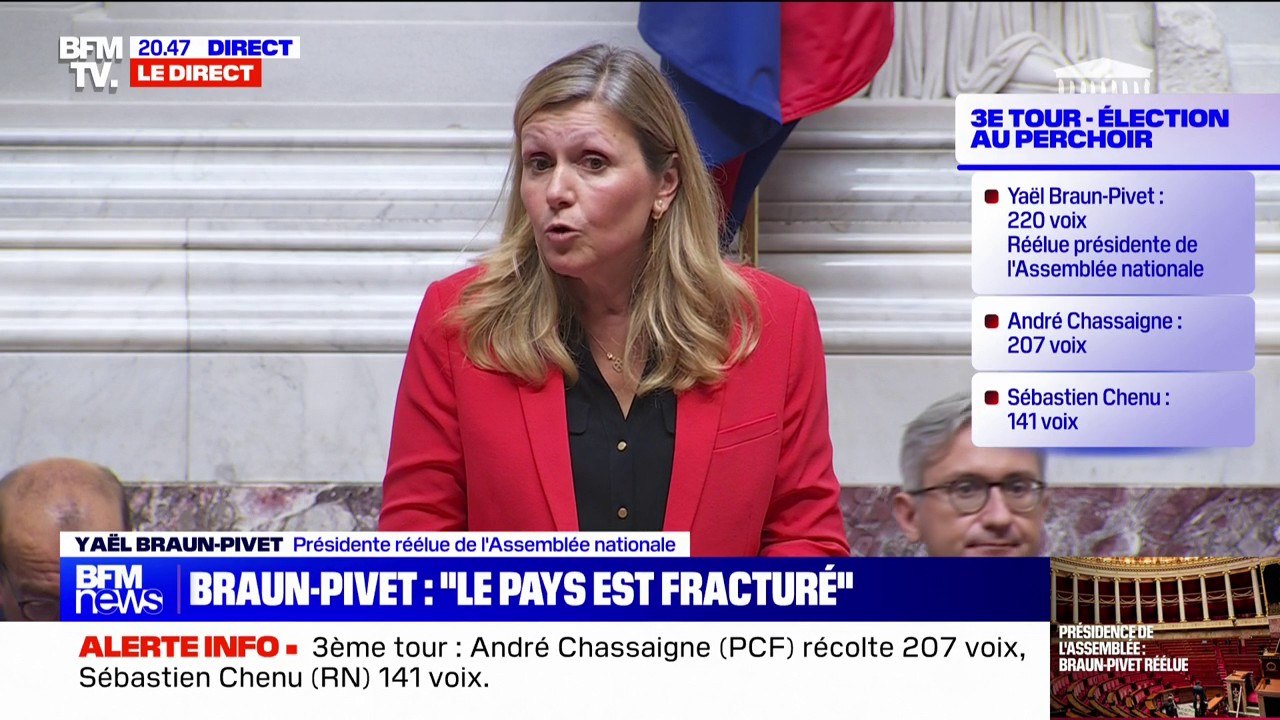 "Nous devons nous entendre, coopérer, être capables de rechercher des compromis", souligne Yaël Braun-Pivet lors de son discours après sa réélection à la présidence de l'Assemblée