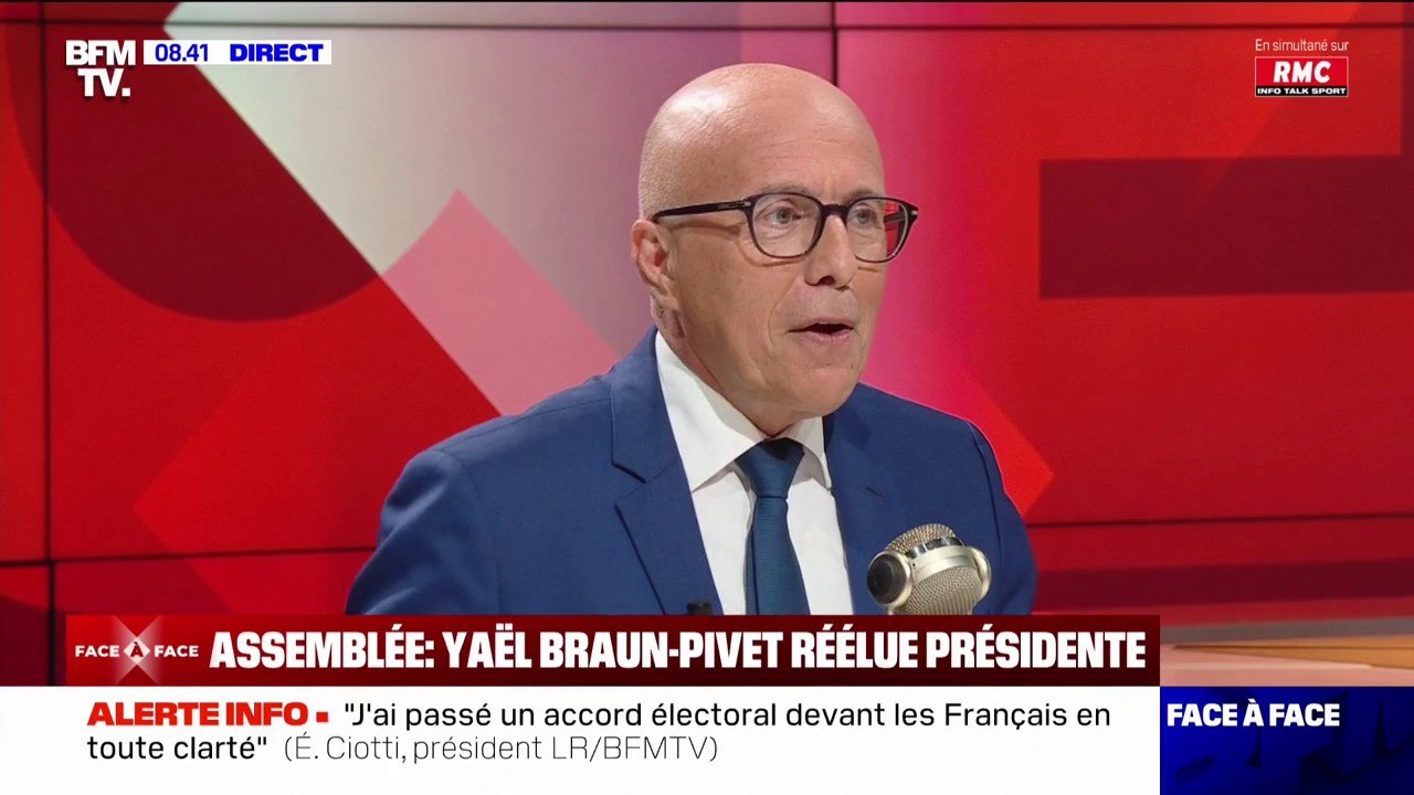 Éric Ciotti dénonce "un hold-up démocratique" d'Emmanuel Macron, après la réélection de Yaël Braun-Pivet à l'Assemblée
